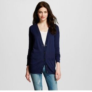 ZARA Long fine knit Navy Blue Button-Up Cardigan Size L